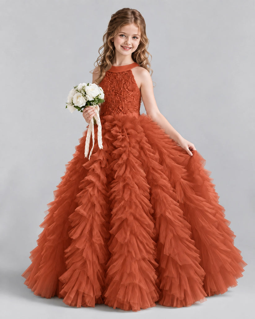 Burnt Orange Ball Gown Girls Pageant Dresses Pose