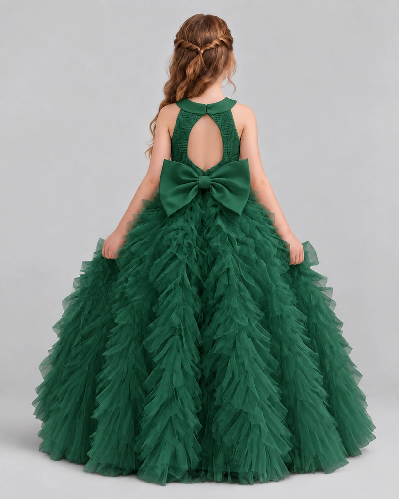 Dark Green Ball Gown Girls Pageant Dresses Back