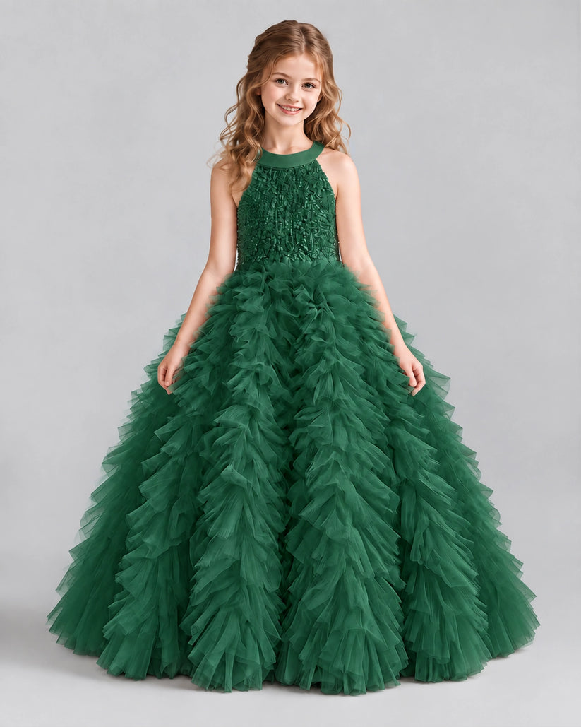 Dark Green Ball Gown Girls Pageant Dresses Front