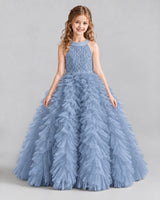 Dusty Blue Ball Gown Girls Pageant Dresses Front
