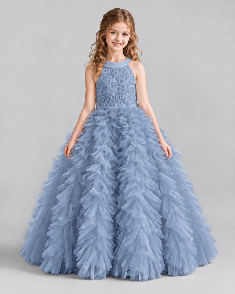 Dusty Blue Ball Gown Girls Pageant Dresses Front