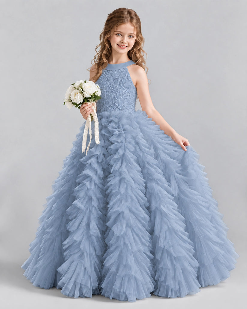 Dusty Blue Ball Gown Girls Pageant Dresses Pose