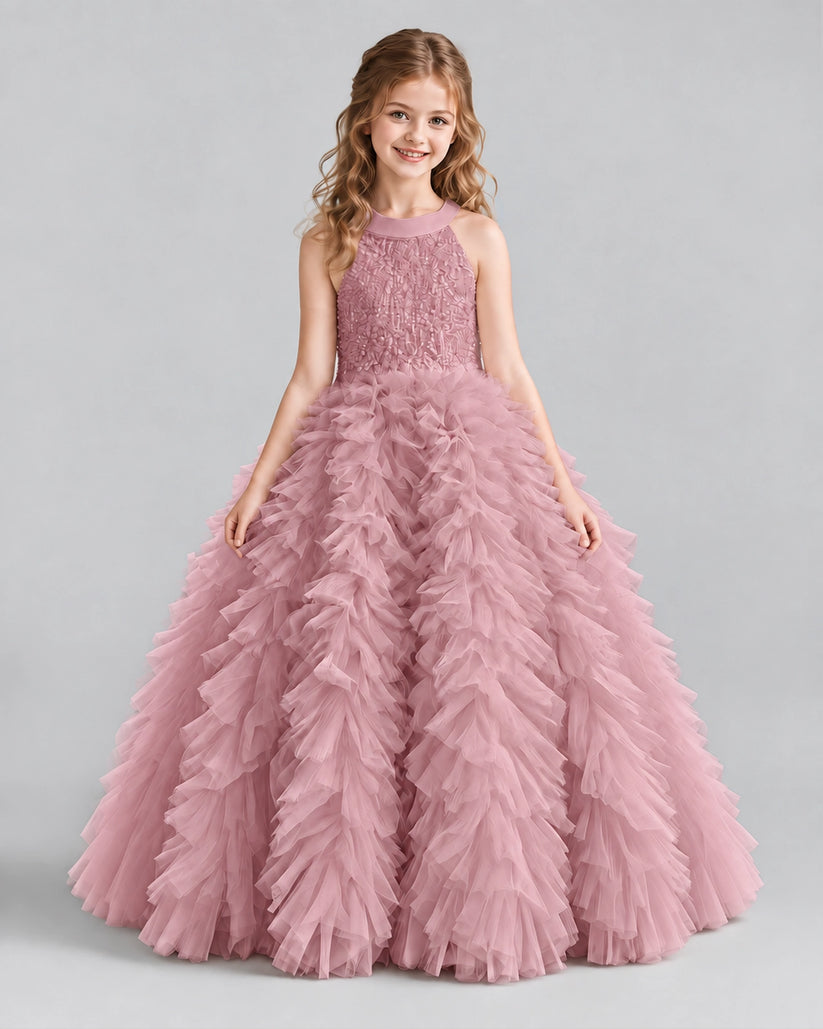 Dusty Rose Ball Gown Girls Pageant Dresses Front