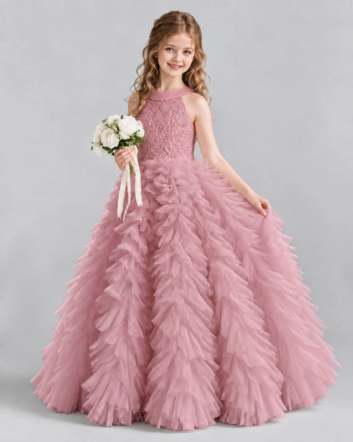 Dusty Rose Ball Gown Girls Pageant Dresses Pose