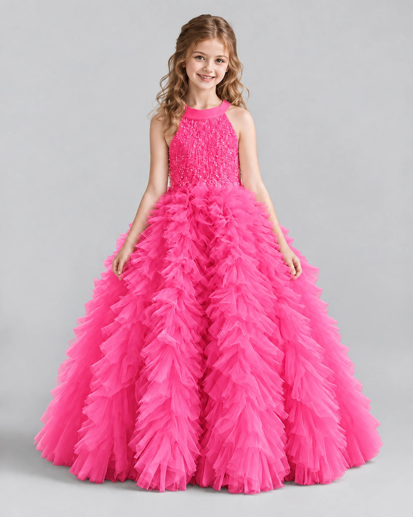 Hot Pink Ball Gown Girls Pageant Dresses Front