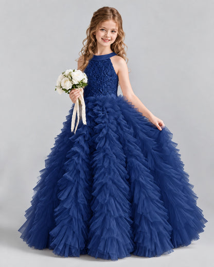 Navy Blue Ball Gown Girls Pageant Dresses Pose