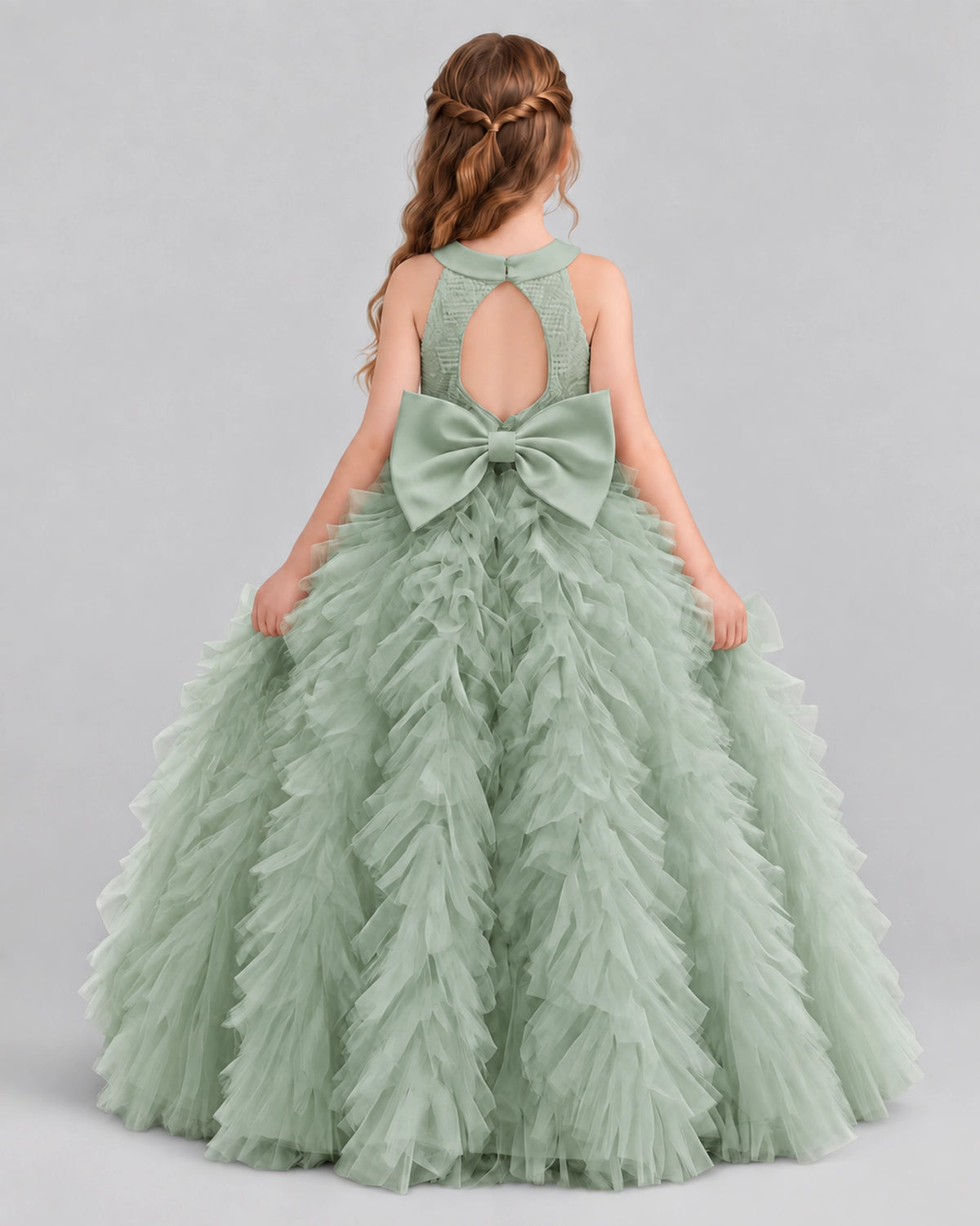 Sage Green Ball Gown Girls Pageant Dresses Back