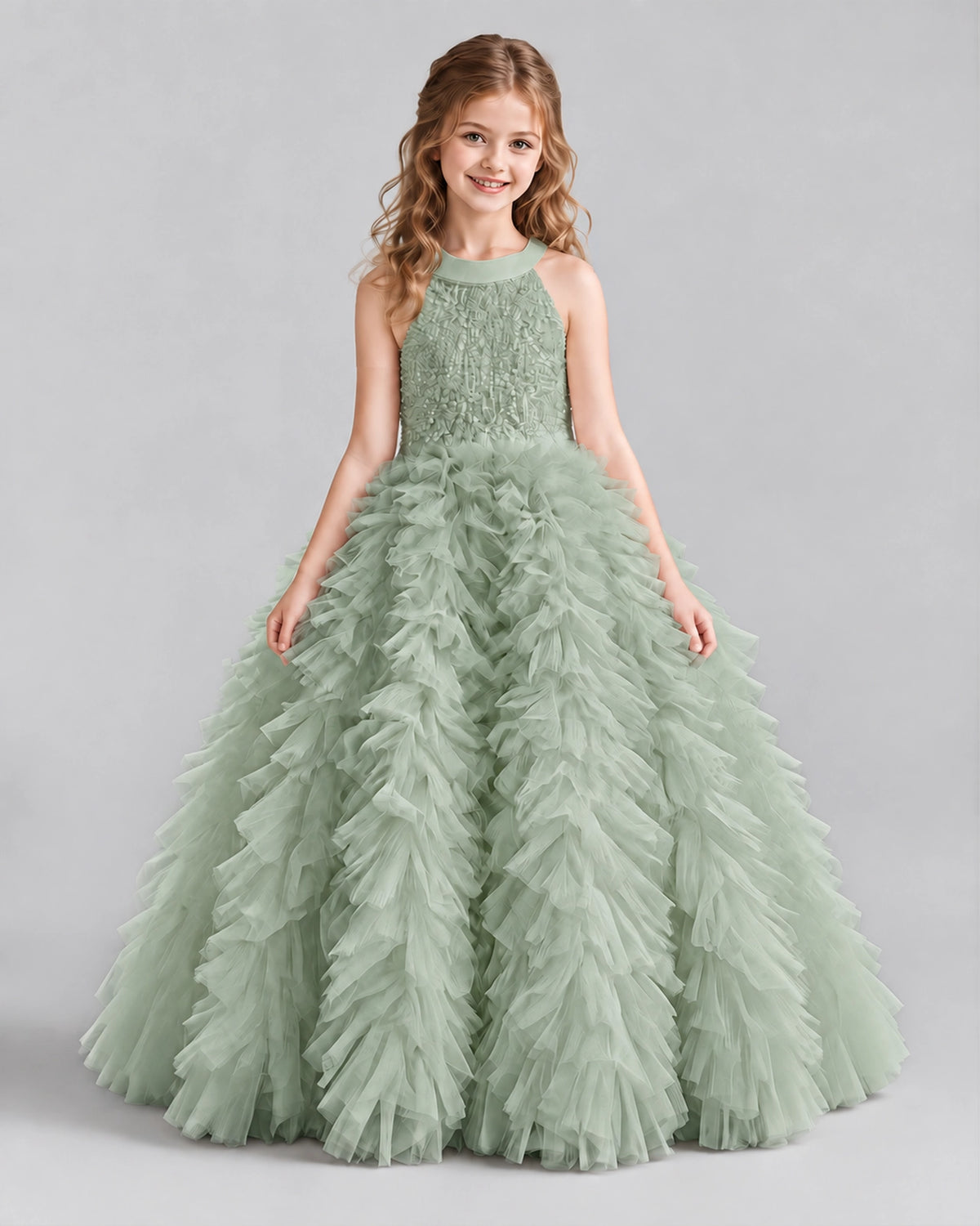 Sage Green Ball Gown Girls Pageant Dresses Front