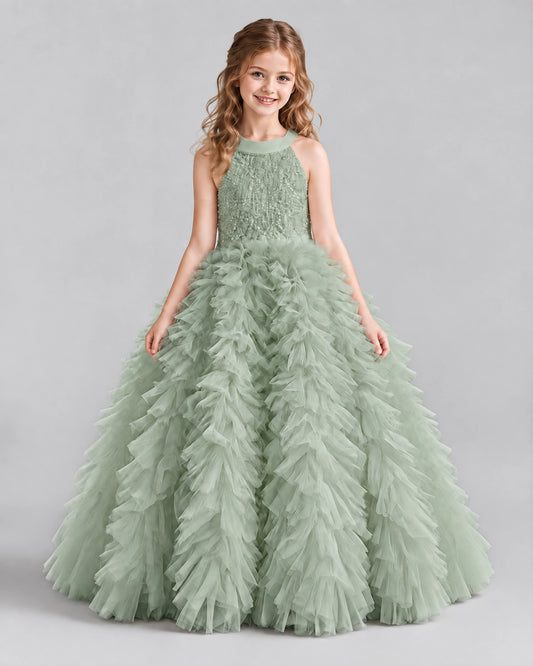 Sage Green Ball Gown Girls Pageant Dresses Front