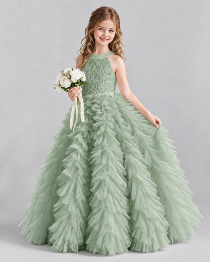 Sage Green Ball Gown Girls Pageant Dresses Pose