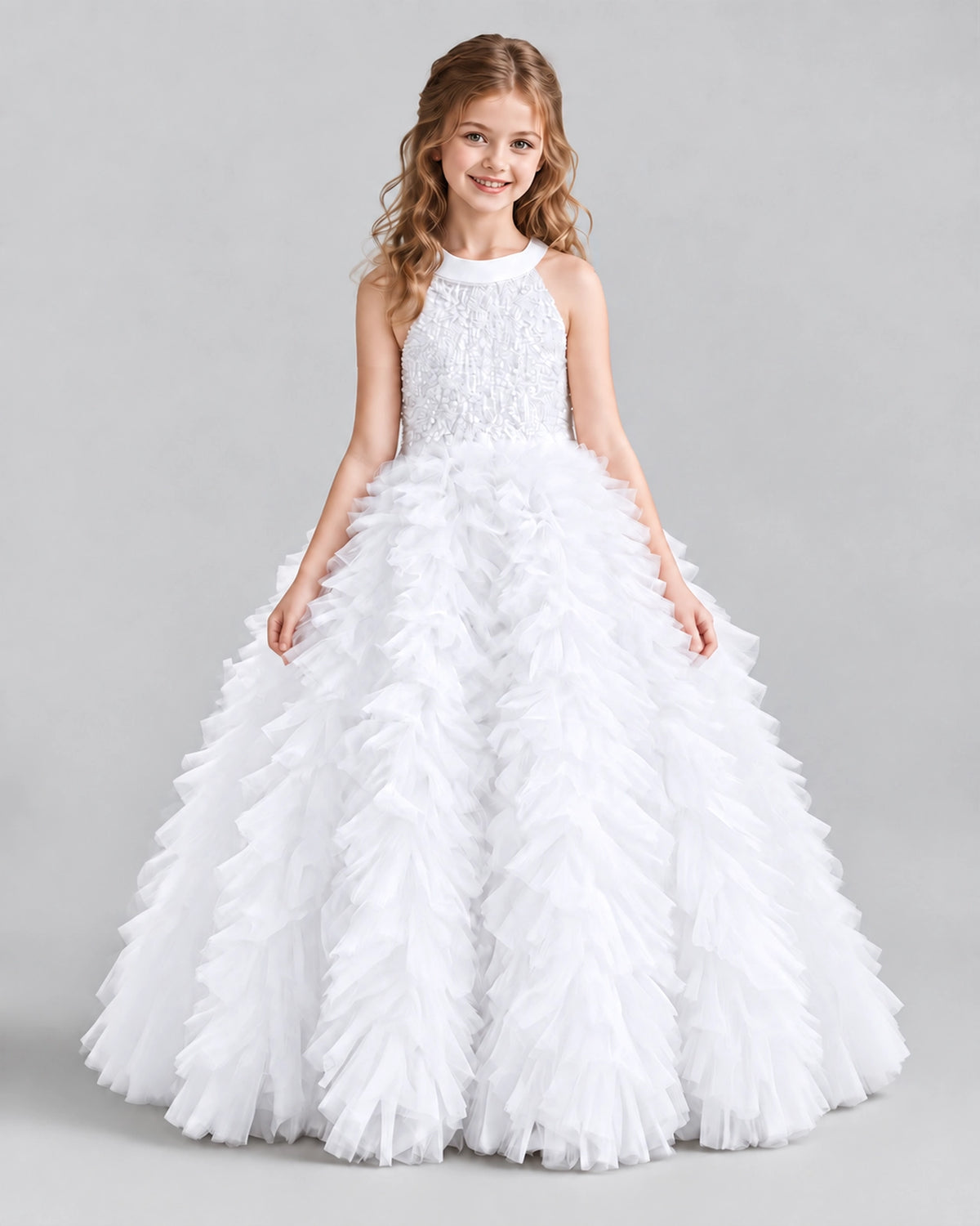 White Ball Gown Girls Pageant Dresses Front