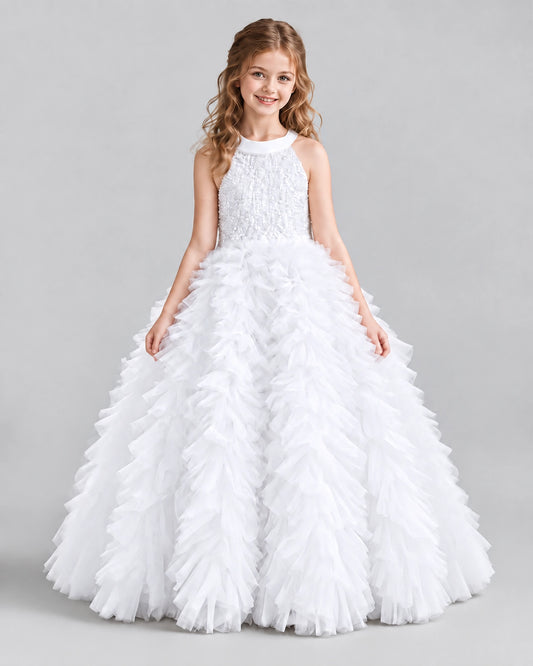 White Ball Gown Girls Pageant Dresses Front