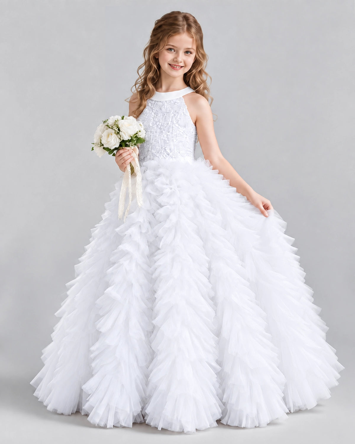 White Ball Gown Girls Pageant Dresses Pose
