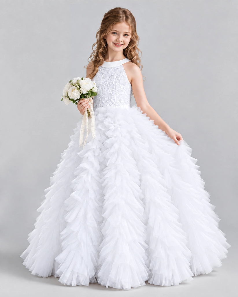 White Ball Gown Girls Pageant Dresses Pose