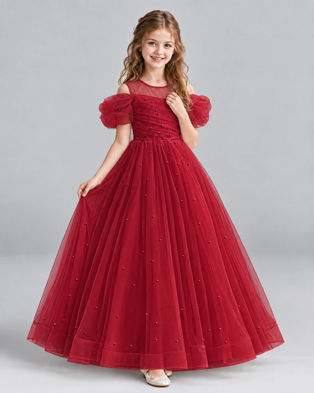 Burgundy Ball Gown Girls Formal Dresses Pose