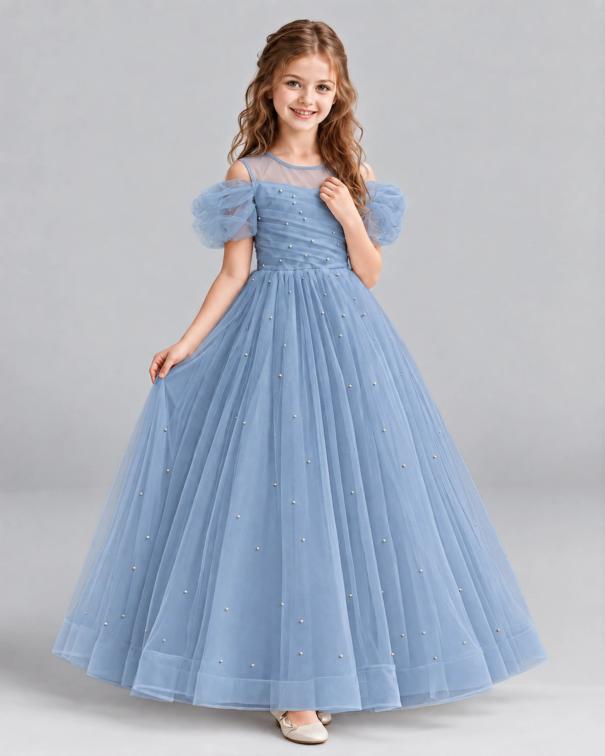 Dusty Blue Ball Gown Girls Formal Dresses Pose