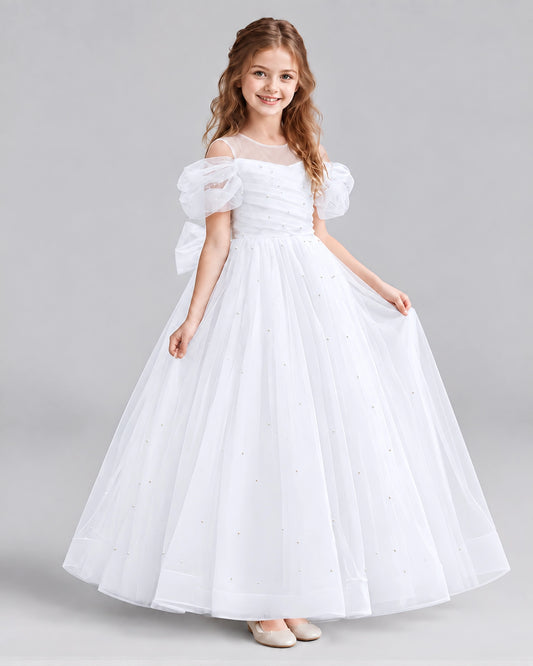 White Ball Gown Girls Formal Dresses Front