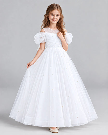 White Ball Gown Girls Formal Dresses Pose