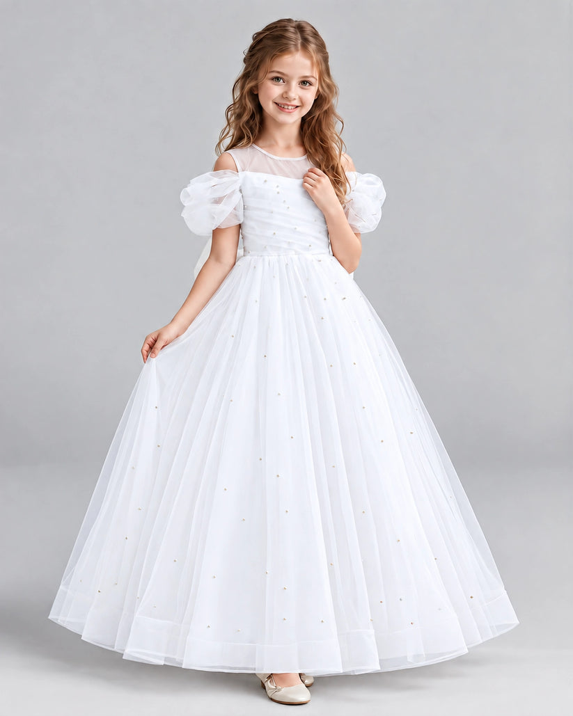 White Ball Gown Girls Formal Dresses Pose