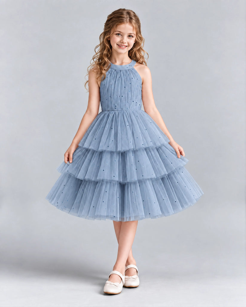 Dusty Blue Ball Gown Girls Formal Dresses Front