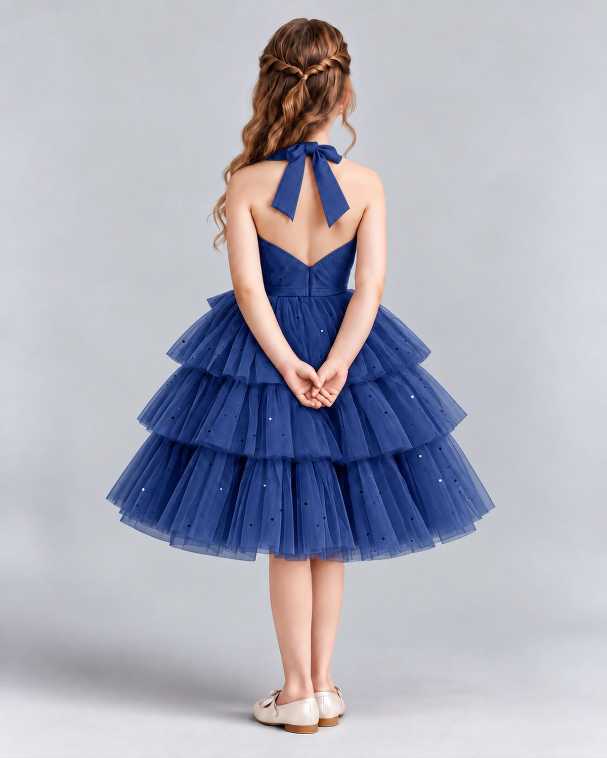 Navy Blue Ball Gown Girls Formal Dresses Back