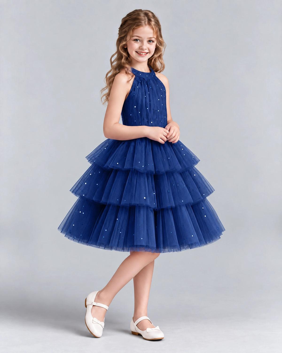Navy Blue Ball Gown Girls Formal Dresses Side
