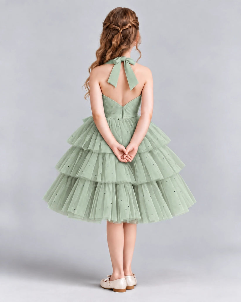 Sage Green Ball Gown Girls Formal Dresses Back