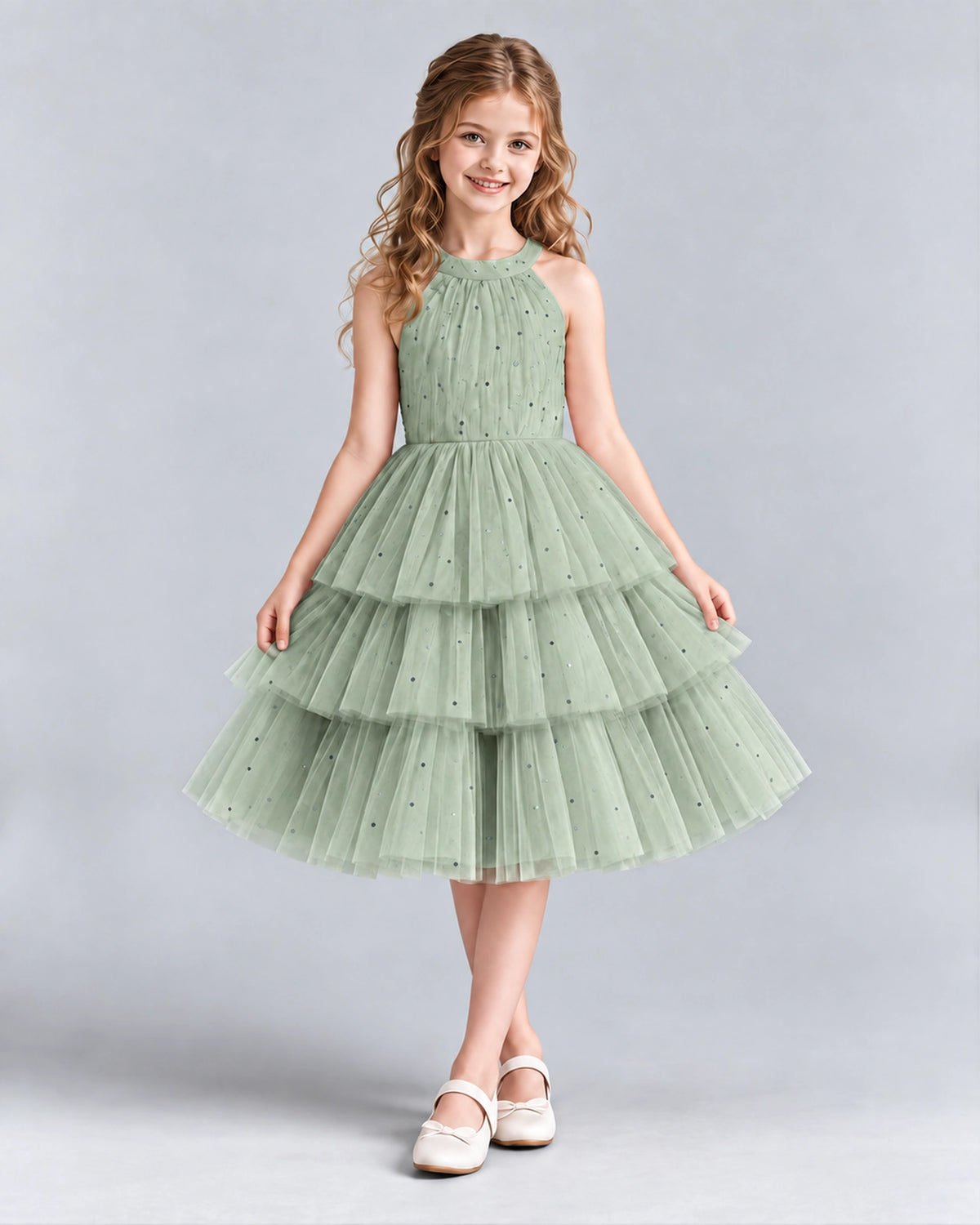 Sage Green Ball Gown Girls Formal Dresses Front