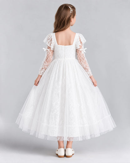 White A-line Flower Girl Dresses Back