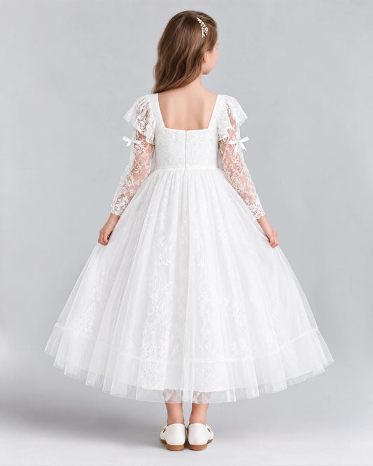 White A-line Flower Girl Dresses Back
