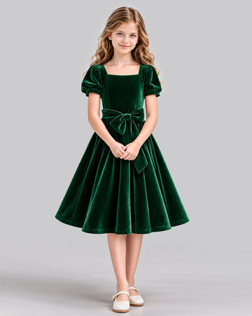 Dideyttawl Puff Sleeve Bow Velvet Dress for Girls Formal Banquets