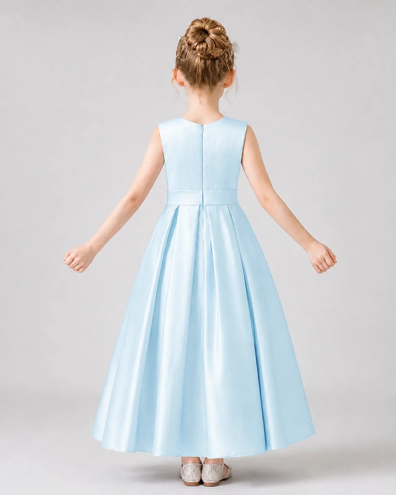 Baby Blue Satin A-Line Girls Formal Dresses Back View