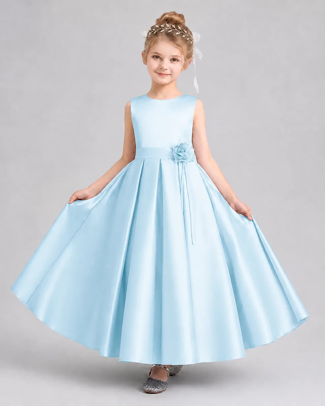 Baby Blue Satin Pleated A-Line Girls Formal Dresses Front View