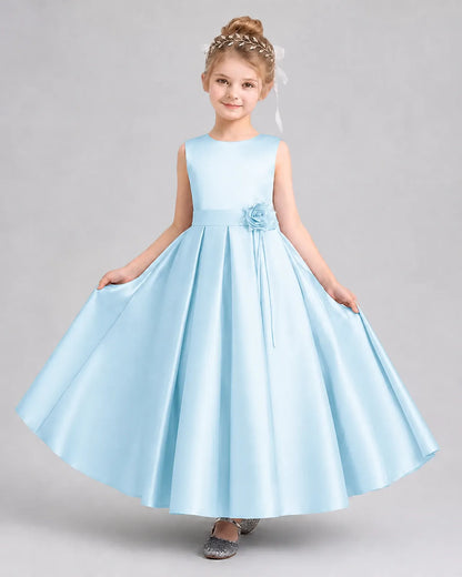 Baby Blue Satin Pleated A-Line Girls Formal Dresses Front View