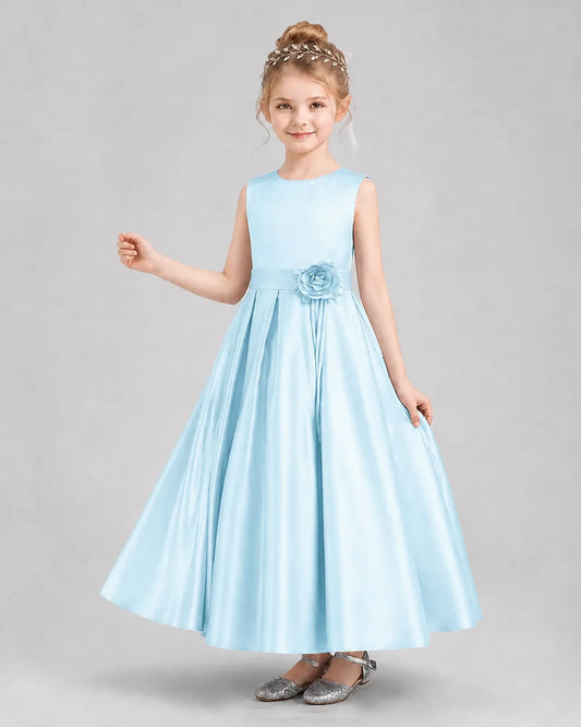 Dideyttawl Satin Girls Formal Dress with Sleeveless and 3D Flower