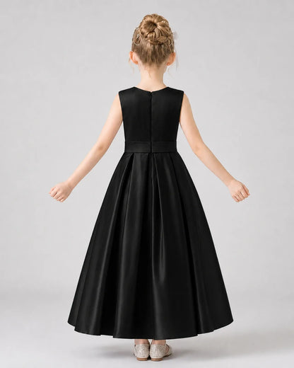 Black Satin A-Line Girls Formal Dresses Back View