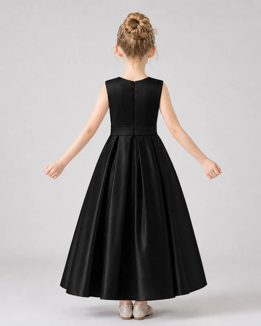 Black Satin A-Line Girls Formal Dresses Back View