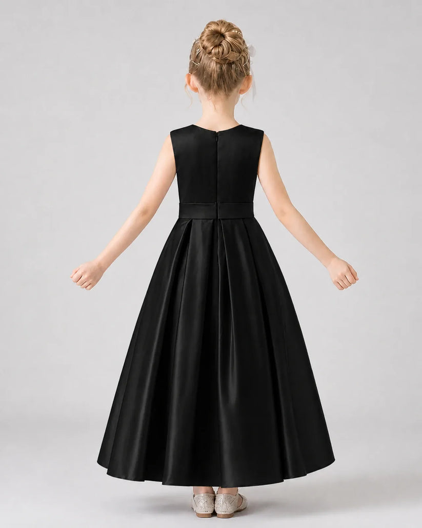 Black Satin A-Line Girls Formal Dresses Back View