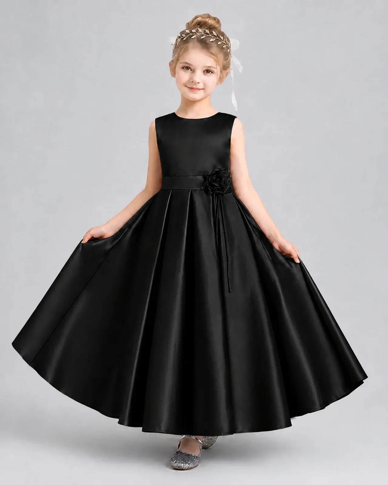 Black Satin A-Line Girls Formal Dresses Front View