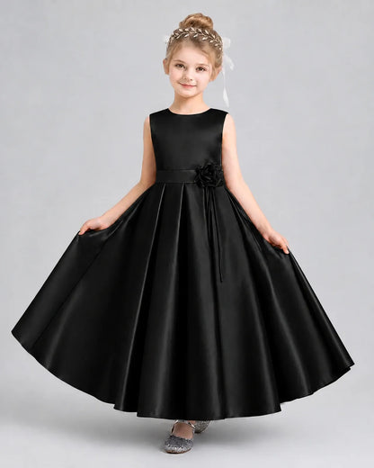 Black Satin A-Line Girls Formal Dresses Front View