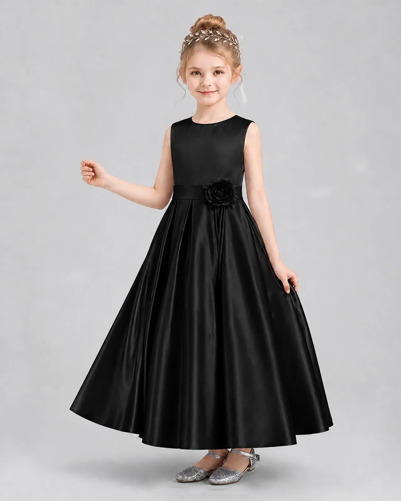 Black Satin A-Line Girls Formal Dresses
