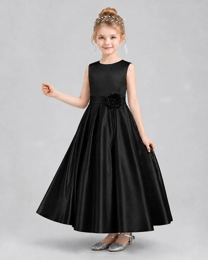Black Satin A-Line Girls Formal Dresses