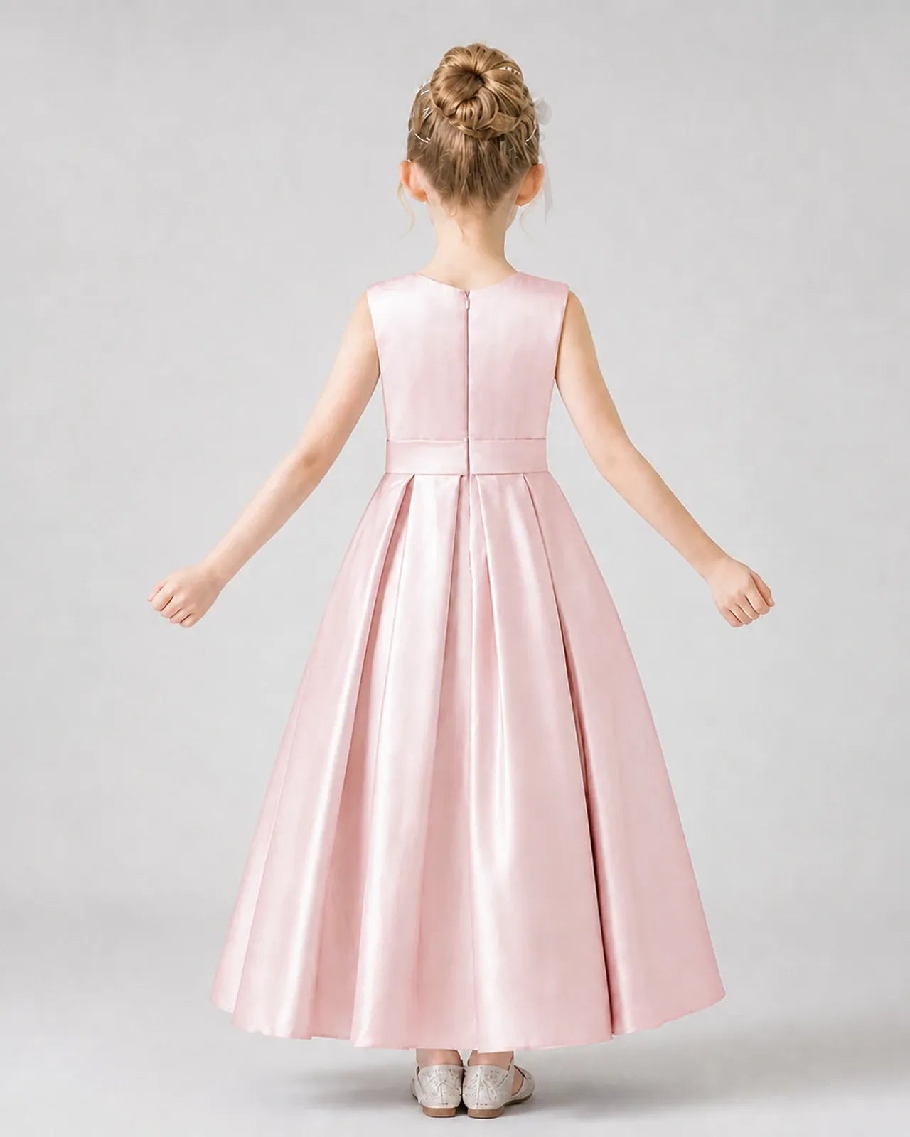 Blush Pink Satin Pleated A-Line Girls Formal Dresses Back View