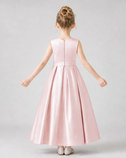 Blush Pink Satin Pleated A-Line Girls Formal Dresses Back View