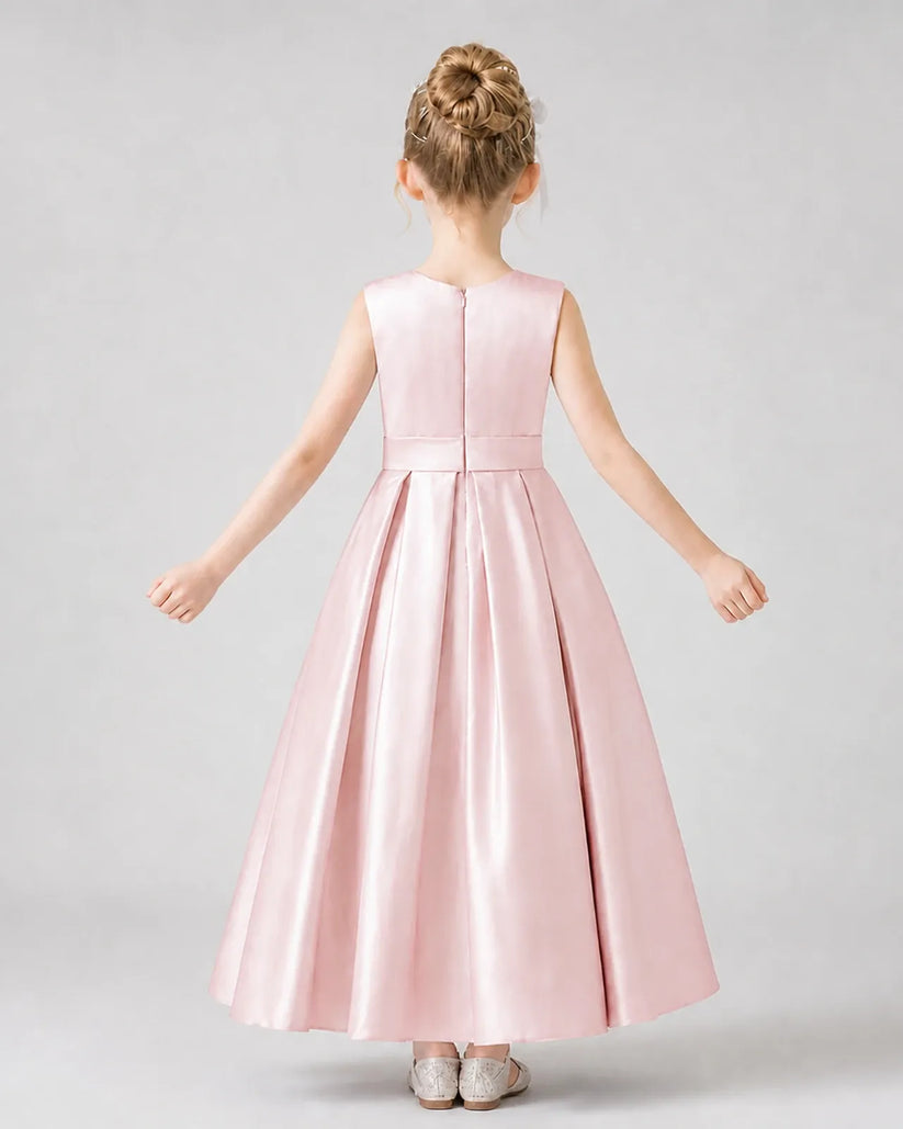 Blush Pink Satin Pleated A-Line Girls Formal Dresses Back View
