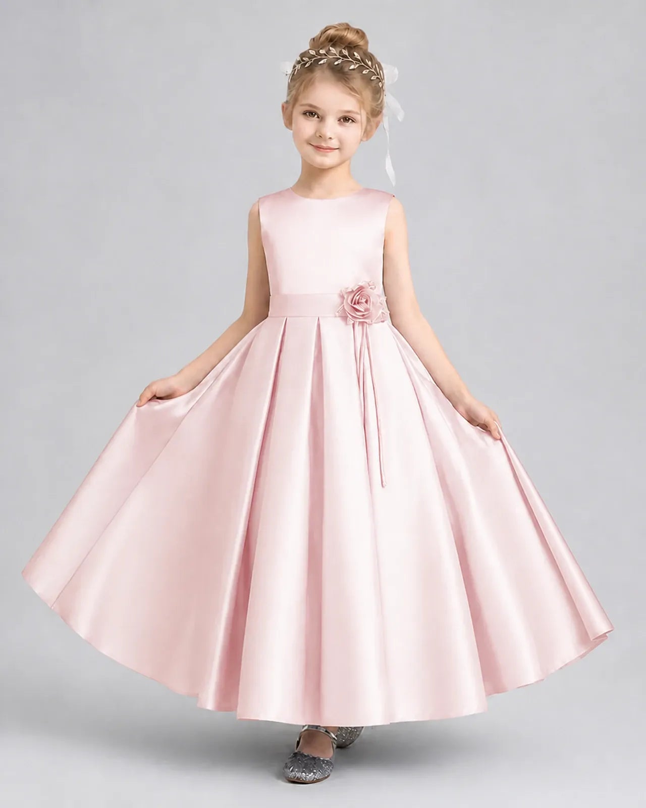 Blush Pink Satin A-Line Girls Formal Dresses Front View