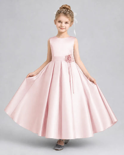 Blush Pink Satin A-Line Girls Formal Dresses Front View