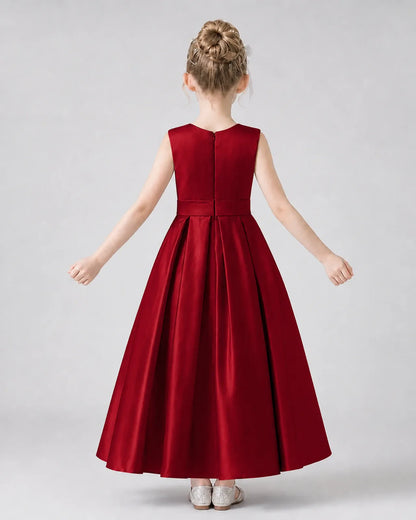 Burgundy Satin A-Line Girls Formal Dresses Back View