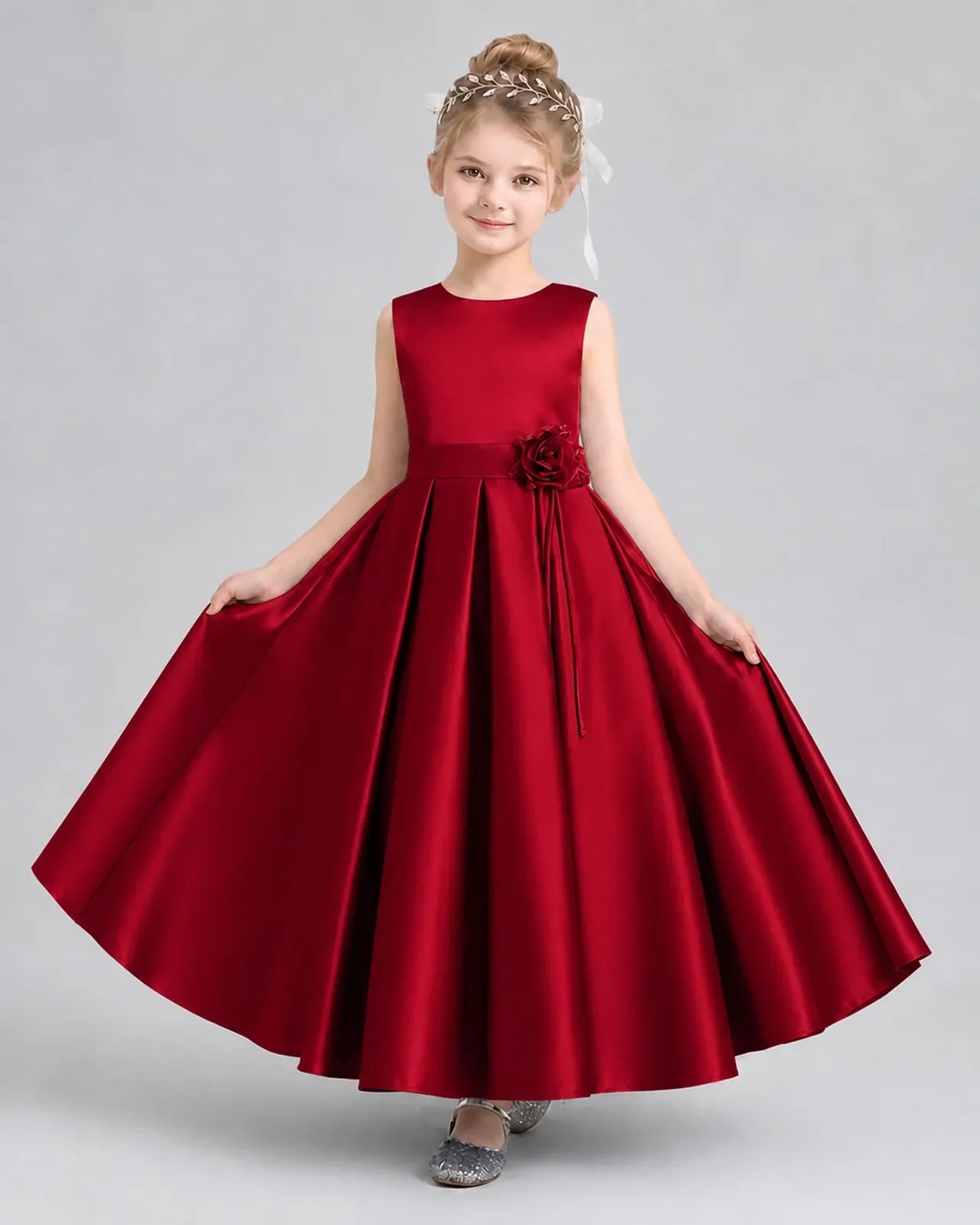 Burgundy Satin A-Line Girls Formal Dresses Front View