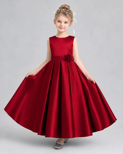 Burgundy Satin A-Line Girls Formal Dresses Front View